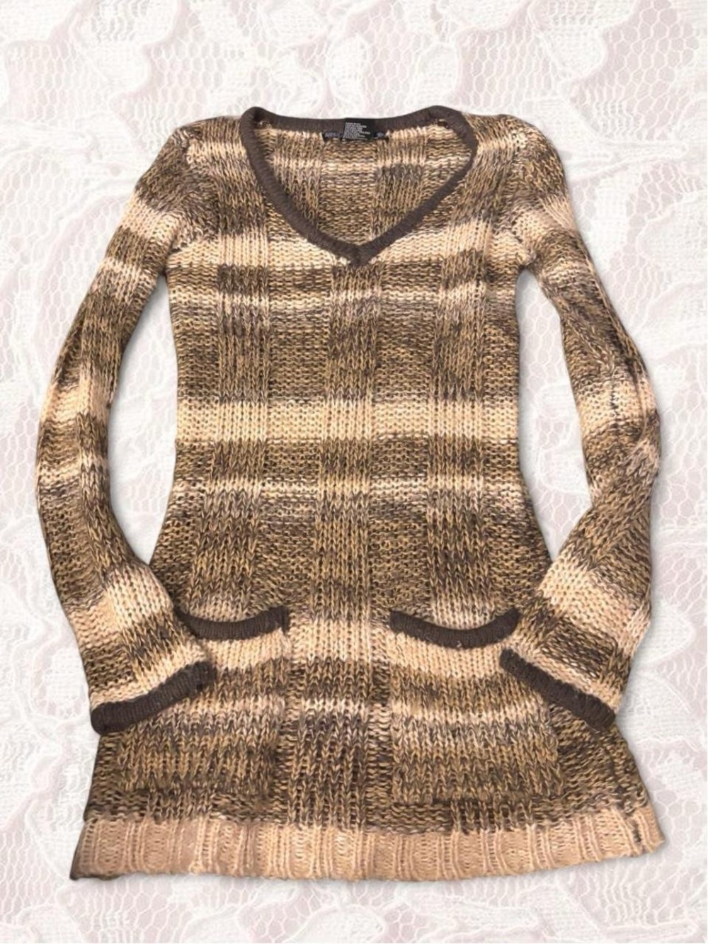 Ashley By 26 International Brown and Cream Striped V-Neck Knit dress